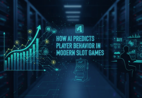 AI algorithm visualized analyzing slot machine data patterns with digital reels, charts, and behavioral metrics