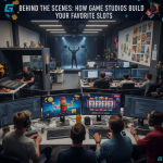 Developers creating an online slot game in a studio environment with concept art, reels, animations, and game design tools