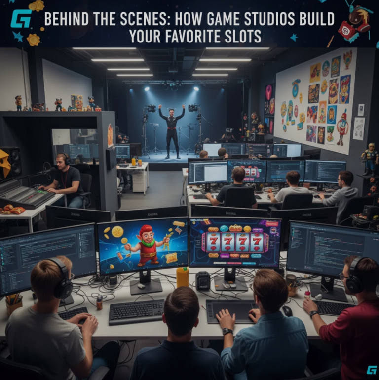Developers creating an online slot game in a studio environment with concept art, reels, animations, and game design tools
