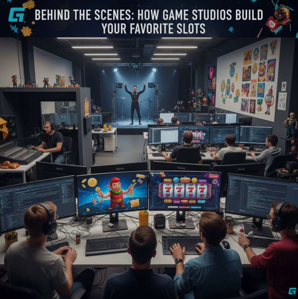 Developers creating an online slot game in a studio environment with concept art, reels, animations, and game design tools
