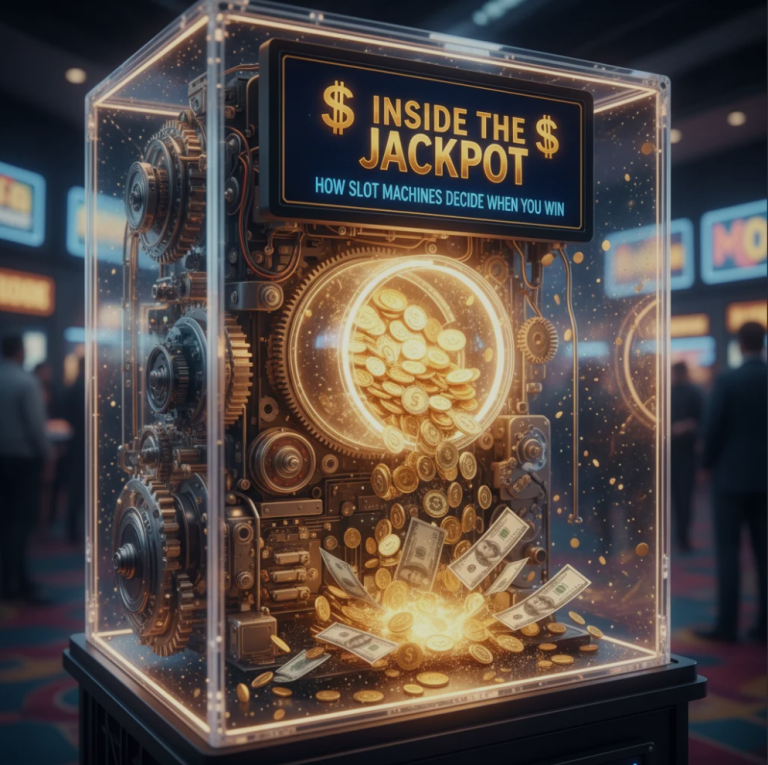 Close-up of a slot machine with reels spinning and bright jackpot lights