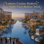 A glamorous luxury casino resort illuminated at night with modern architecture and vibrant lights