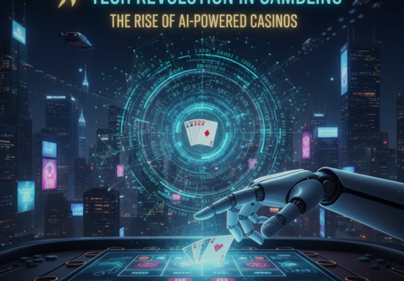 A futuristic casino interface with AI holograms, digital screens, and automated gaming systems.