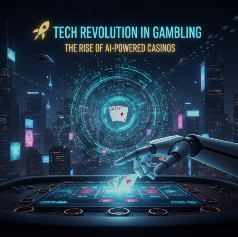 A futuristic casino interface with AI holograms, digital screens, and automated gaming systems.
