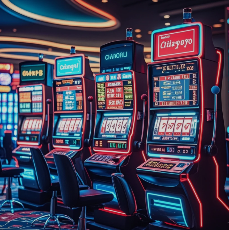 Close-up of a slot machine screen displaying colorful symbols and spinning reels