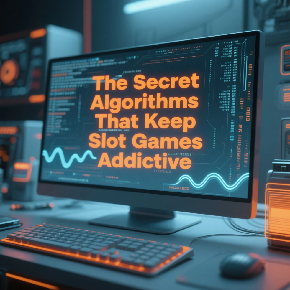 Illustration showing slot machine reels with digital algorithms and psychological symbols representing addiction mechanics