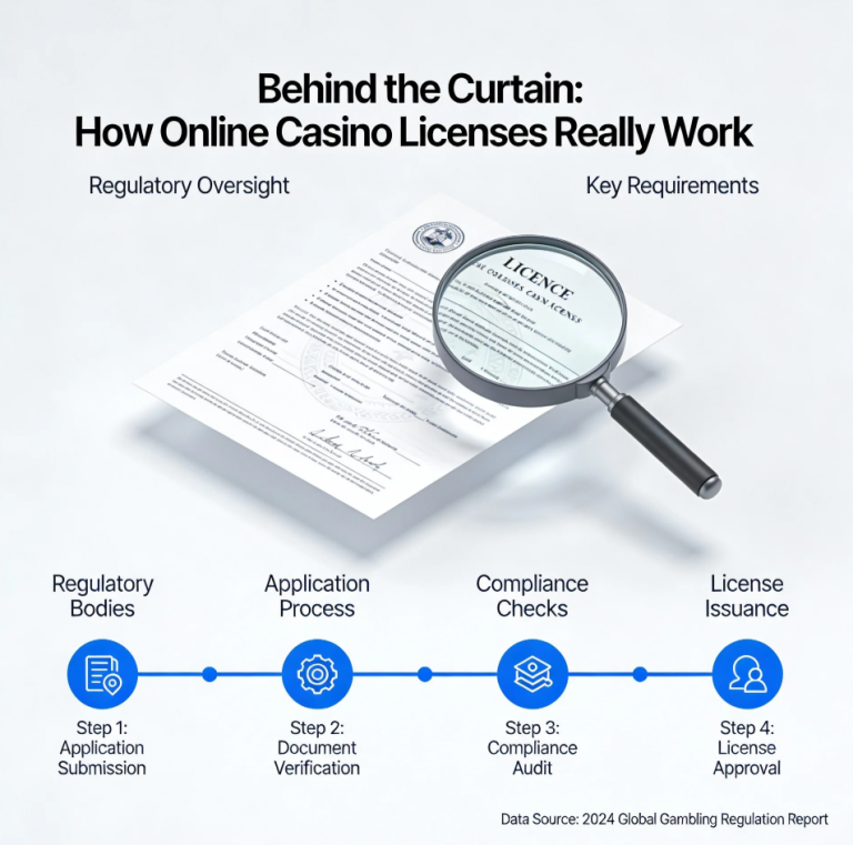 Digital illustration of an online casino platform with regulatory symbols and security icons behind the scenes