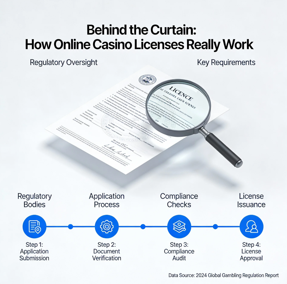 Digital illustration of an online casino platform with regulatory symbols and security icons behind the scenes