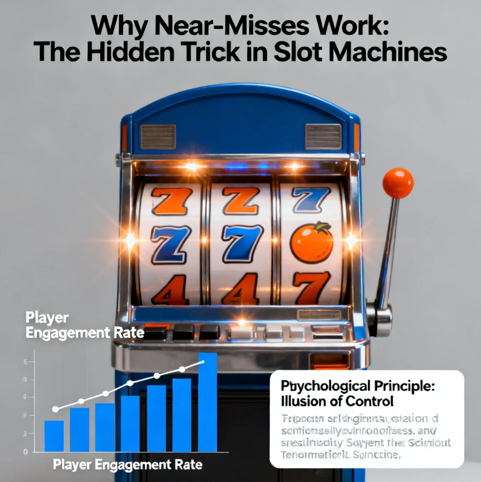 Slot machine showing near-miss outcome with almost matching symbols