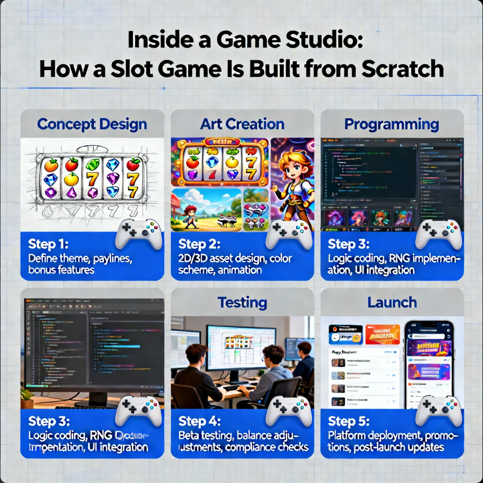 Game studio team designing and developing a slot game from concept to launch